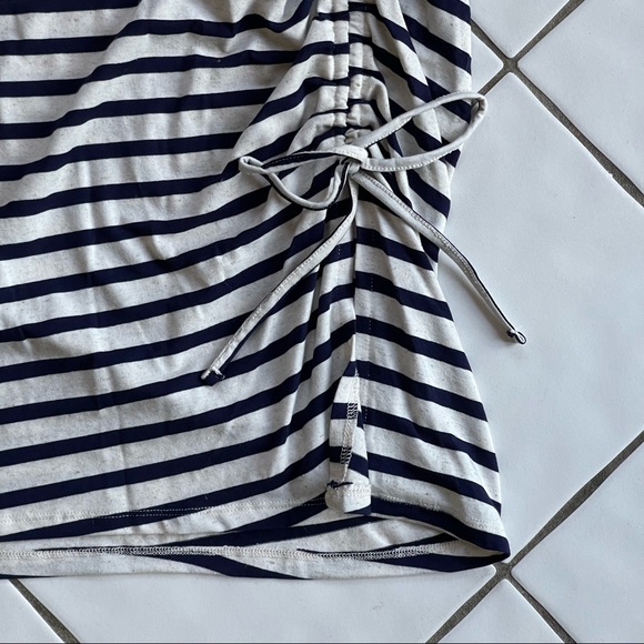 NWT Love Scarlett Navy Natural Linen Stripe Ruched Midi Skirt - Picture 2 of 6